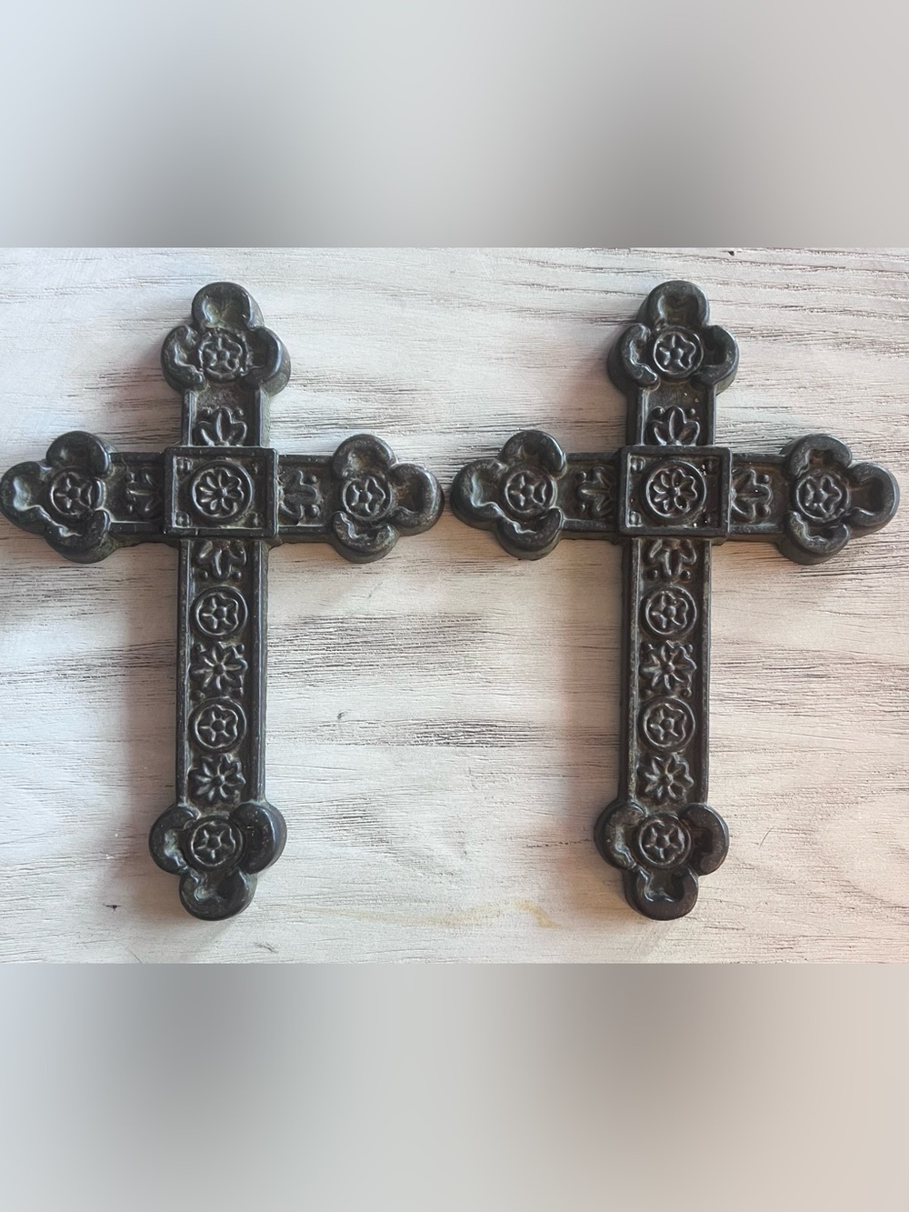 Set of 2 Cast Iron Floral Wall Crosses Rustic Christian Decor